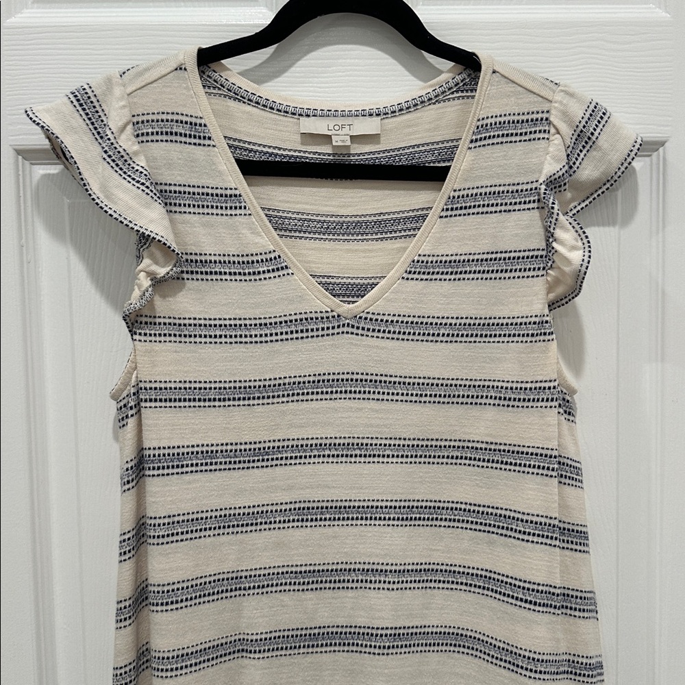 LOFT Cream and Navy Blue Striped Dress